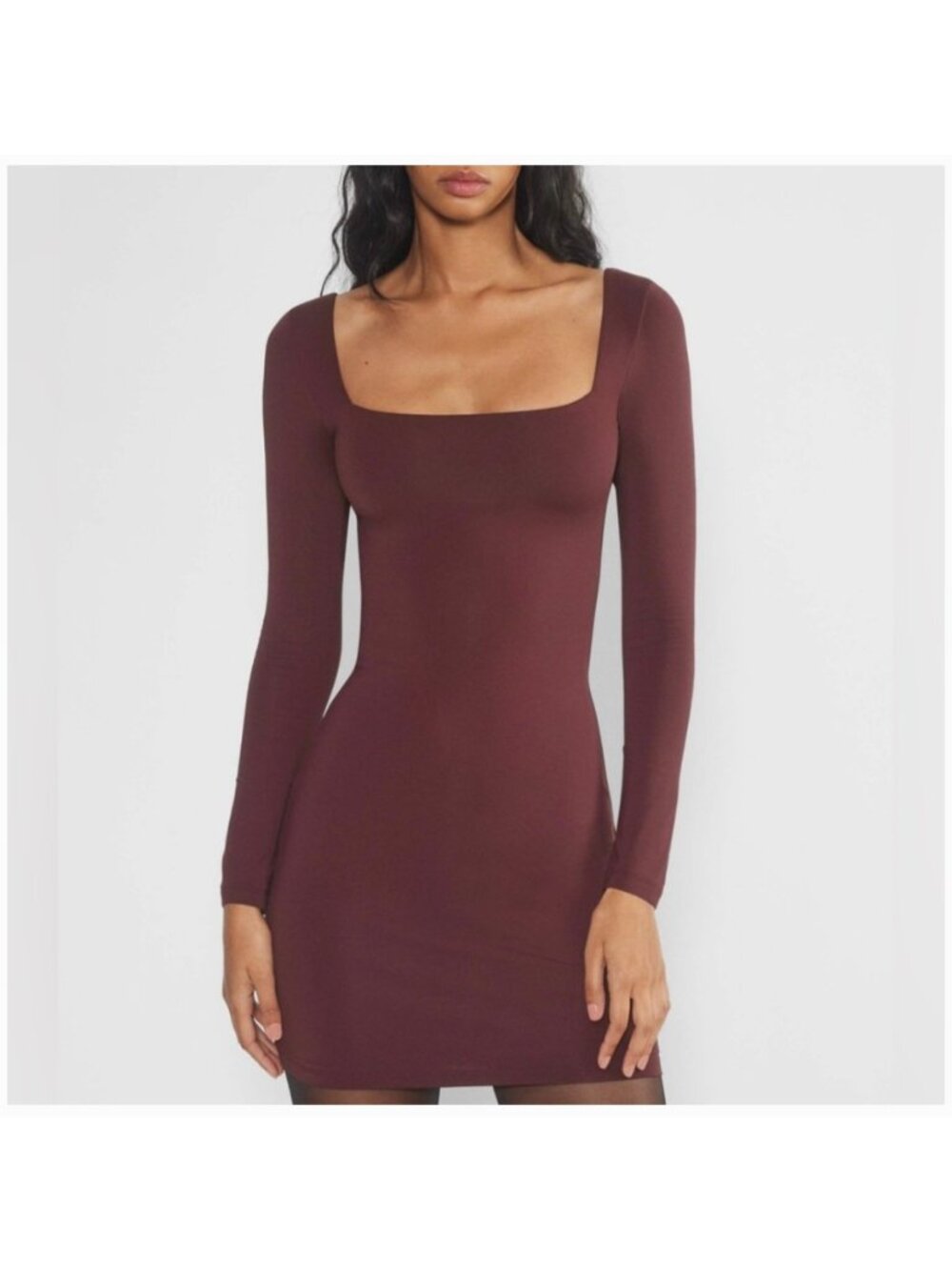 Aritzia Contour Squareneck Mini Dress Womens 2XS Red Burgundy Long Sleeve
